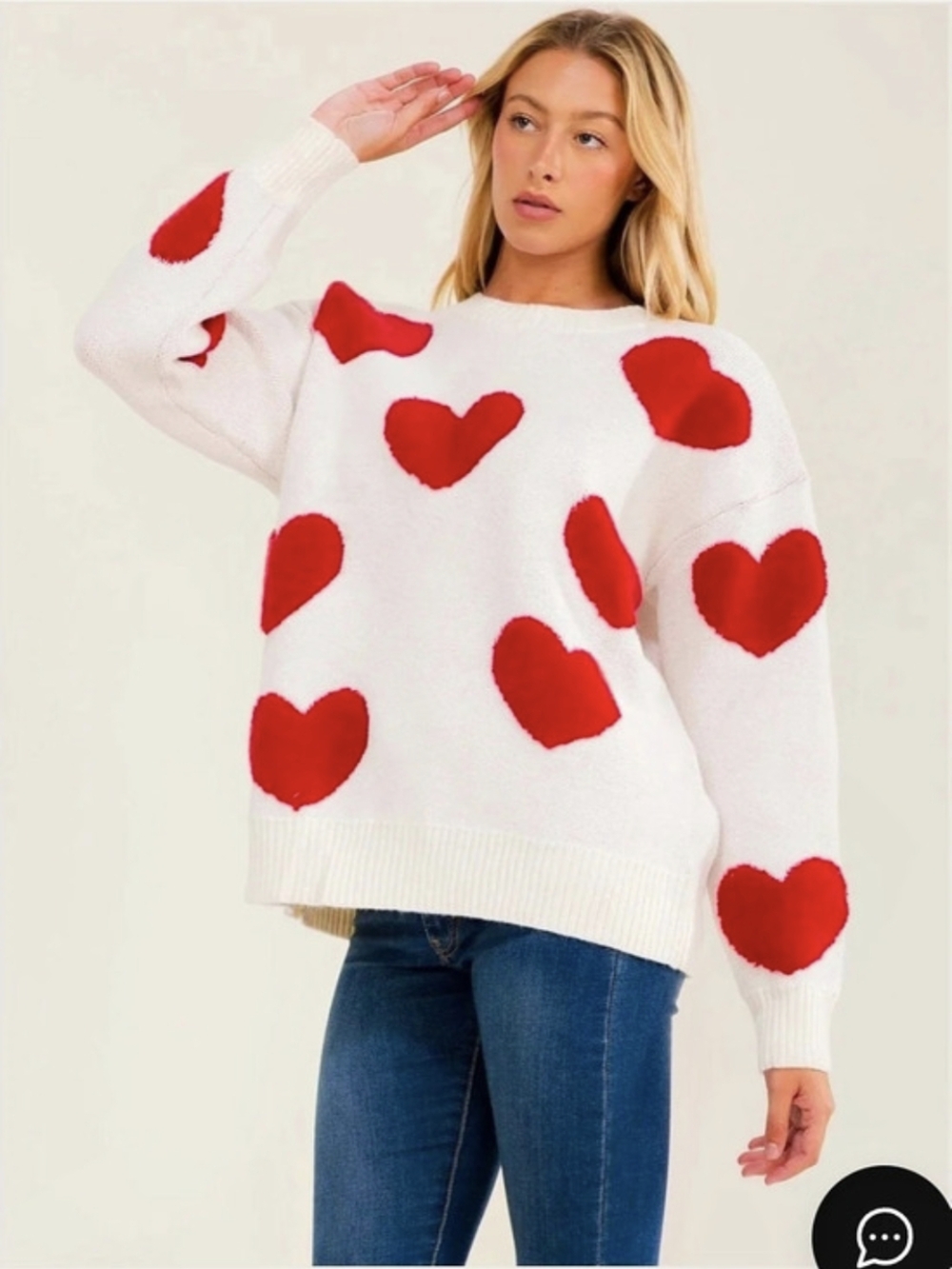 White Birch Heart Print Knit Sweater Size Small NWT Very OVERSIZED **